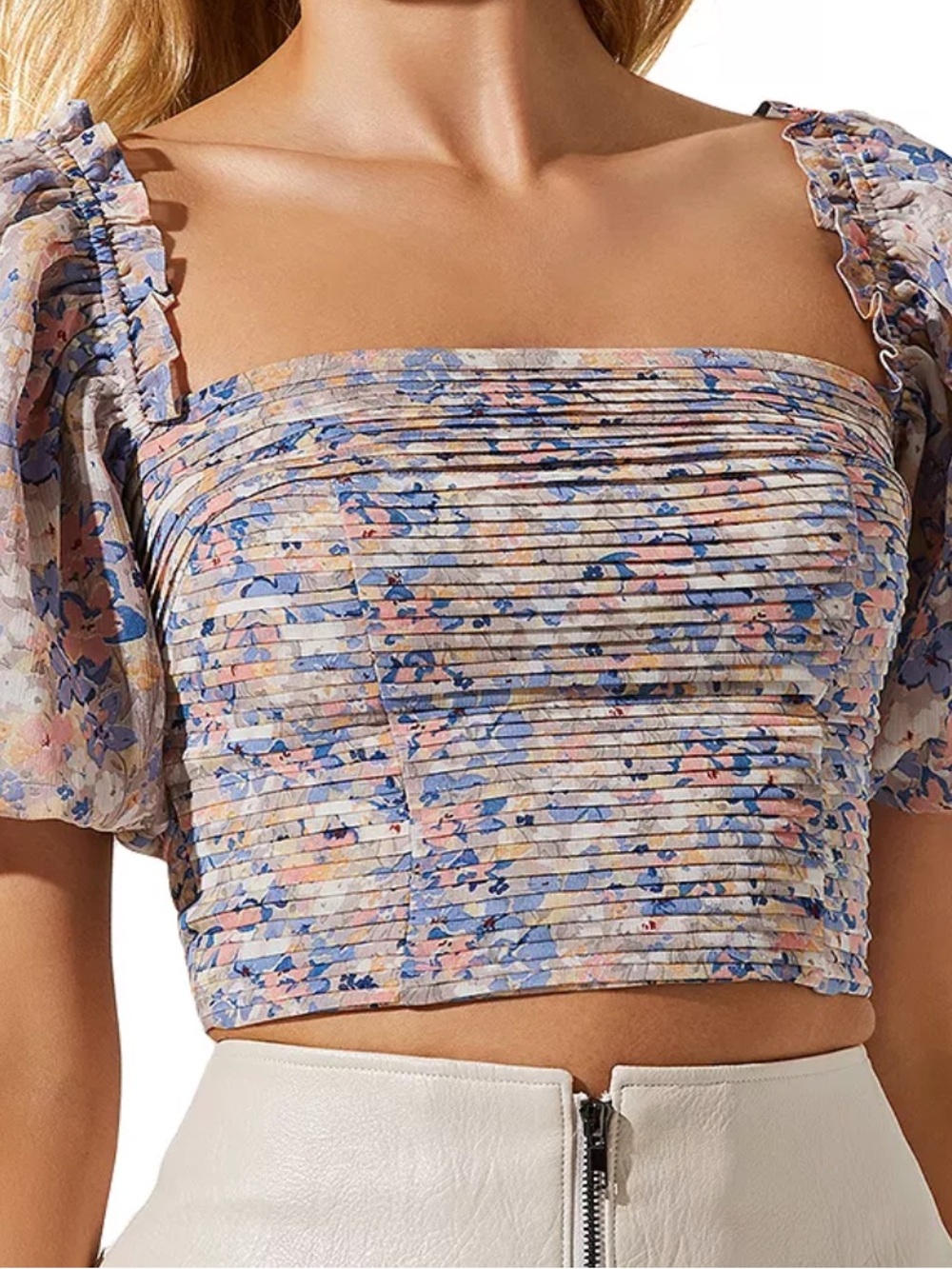 ASTR Floral Pleated Square-Neck Crop Top - Blue, Pink & Cream never worn